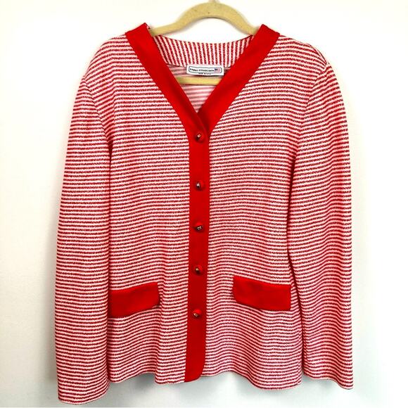 Vintage Womens L Red & White Striped Varsity Cardigan Preppy Nautical Coastal - Picture 1 of 11